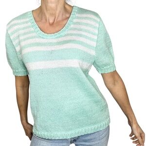Hand knit 70s 80s style mint green white stripe round neck short sleeve sweater